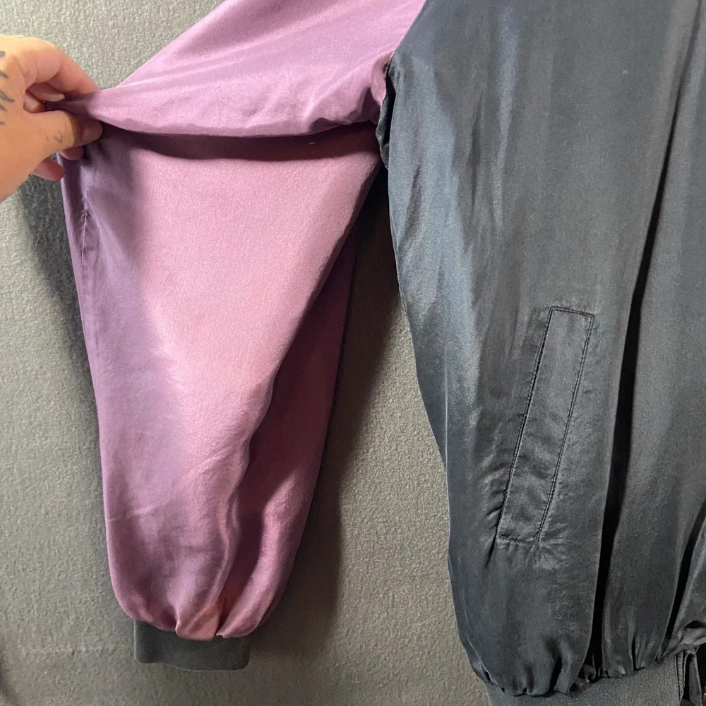 vtg 80s men silk Bomber Jacket large black Colorblock tracksuit retro 90s